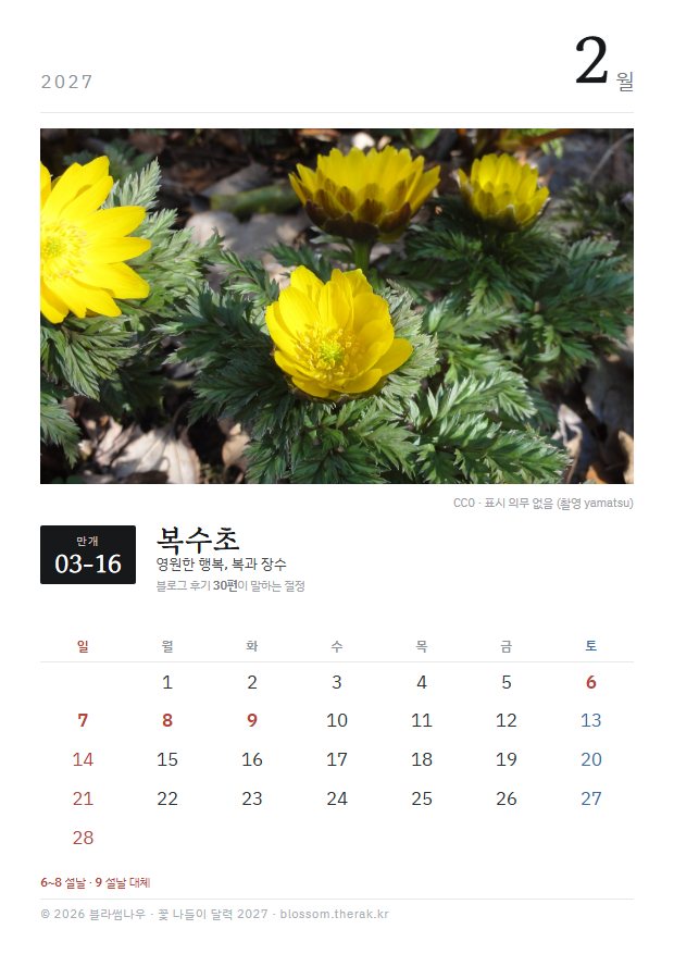 2027년 열두 달 2월 복수초 지면