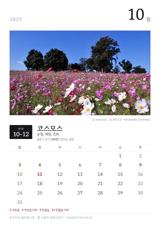 2027년 열두 달 10월 코스모스 지면