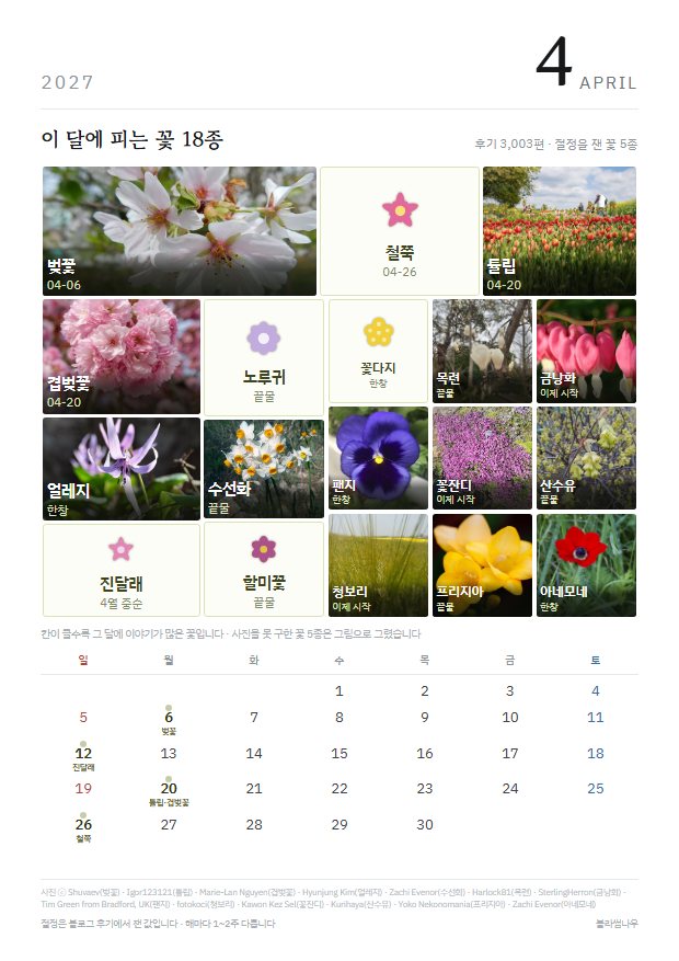 2027년 열두 달 · 꽃 얼굴 4월 · 꽃 18종 지면