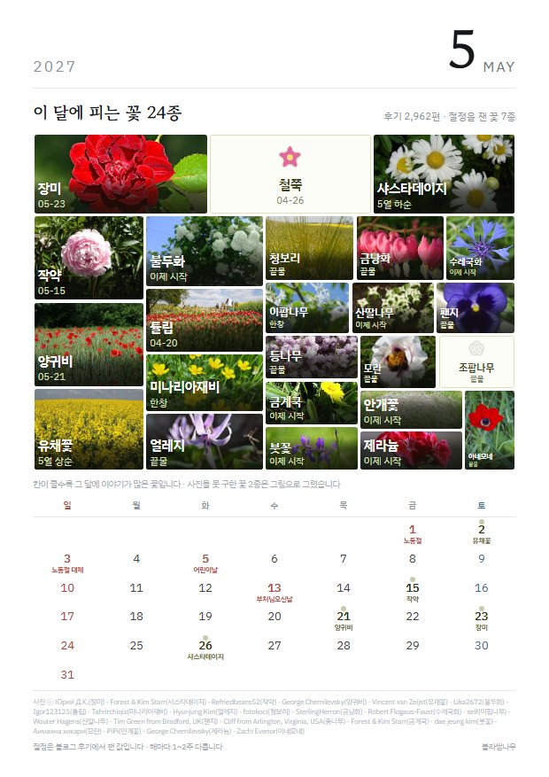 2027년 열두 달 · 꽃 얼굴 5월 · 꽃 24종 지면