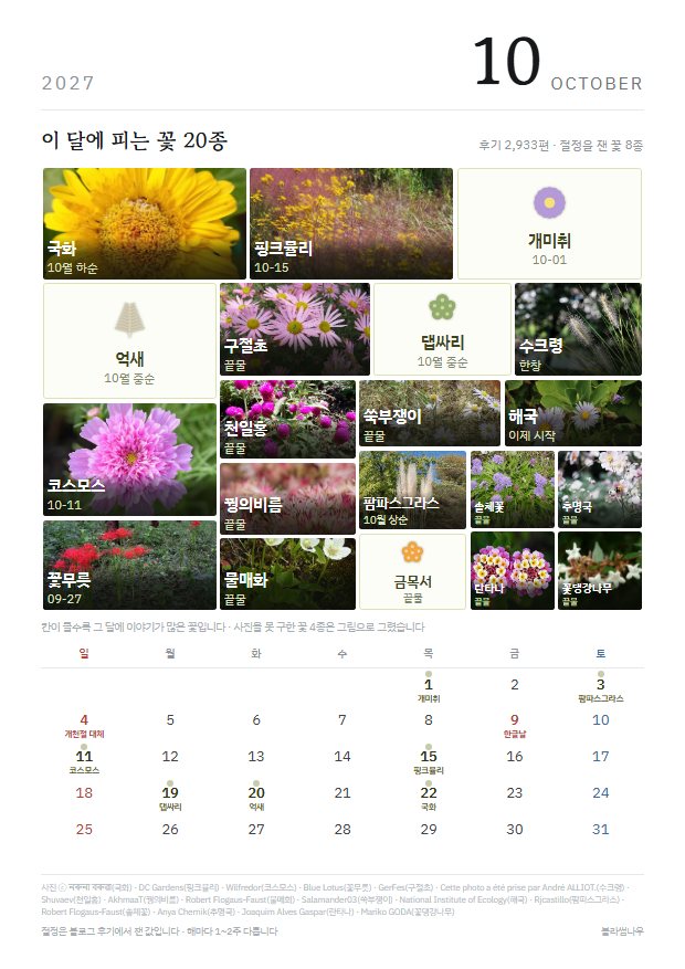 2027년 열두 달 · 꽃 얼굴 10월 · 꽃 20종 지면